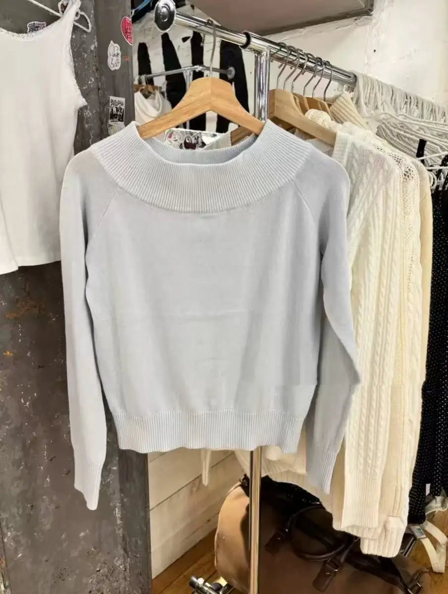 Simple Gray Blue Slash Neck Slim Knitted Sweater Women Casual Long Sleeve Cotton Pull Sweaters Sweet Preppy Style Jumpers Y2K