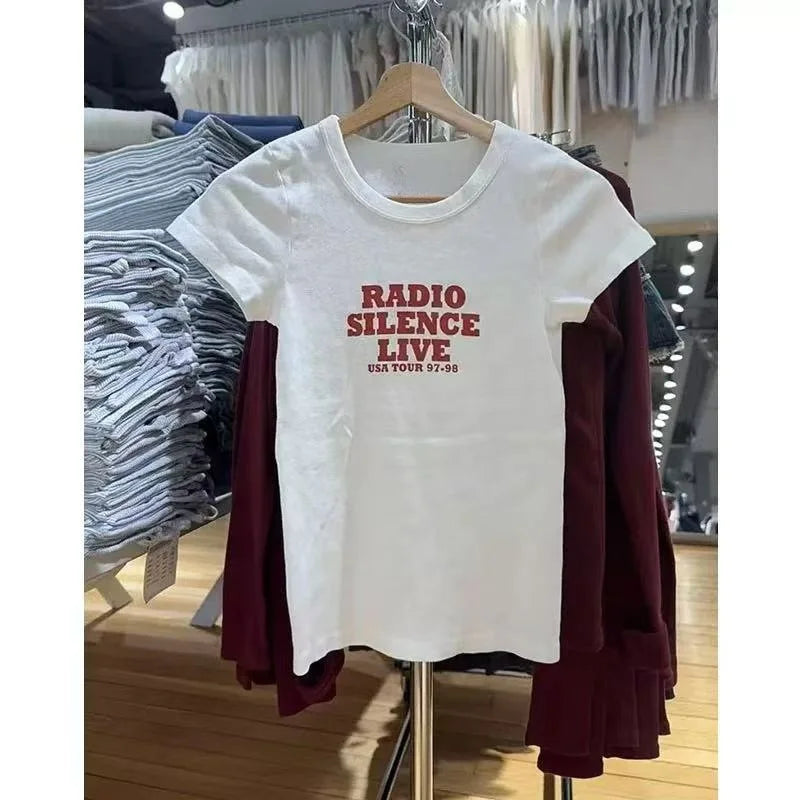 NO.14 Print Slim Navy T-shirts Women New Cotton Casual O-neck Short Sleeve Tees Girl American Vintage Streetwear Tshirt Y2K Tops
