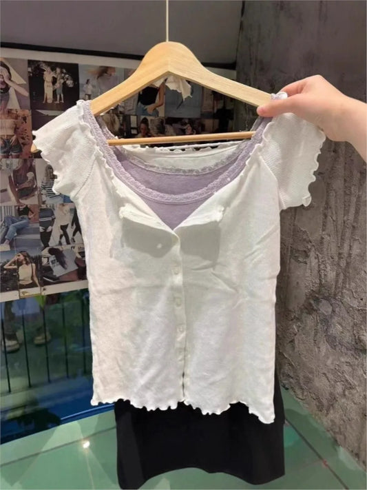 Sweet White Fungus Trim Slim T-shirt Woman Casual Simple O-neck Single Breasted Short Sleeve Cotton Tee Simple Basic Y2K Tops