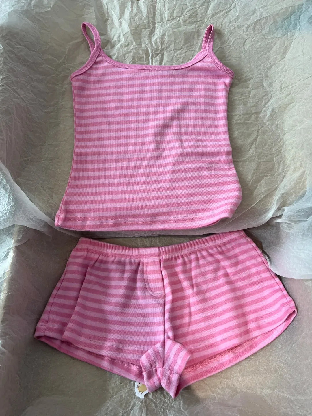 Pink Striped Buttons Long Sleeve T-shirt Shorts Set Women Cotton Home Pajama 2 Piece Sets Slim Tees+Elastic Straight Sweatshort