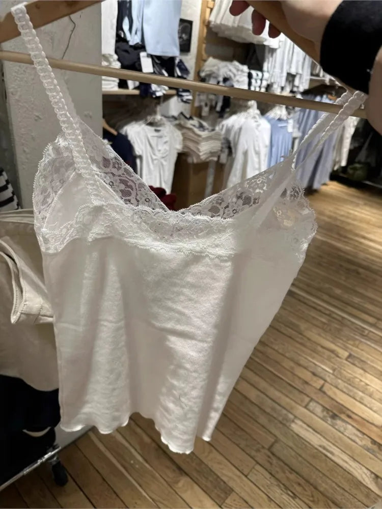 Lace Trim White Sleeveless Tank Tops Women Preppy Style Casual Soft Cotton V-neck Slim  Cropped Vests Basic Sweet Cute Camisole