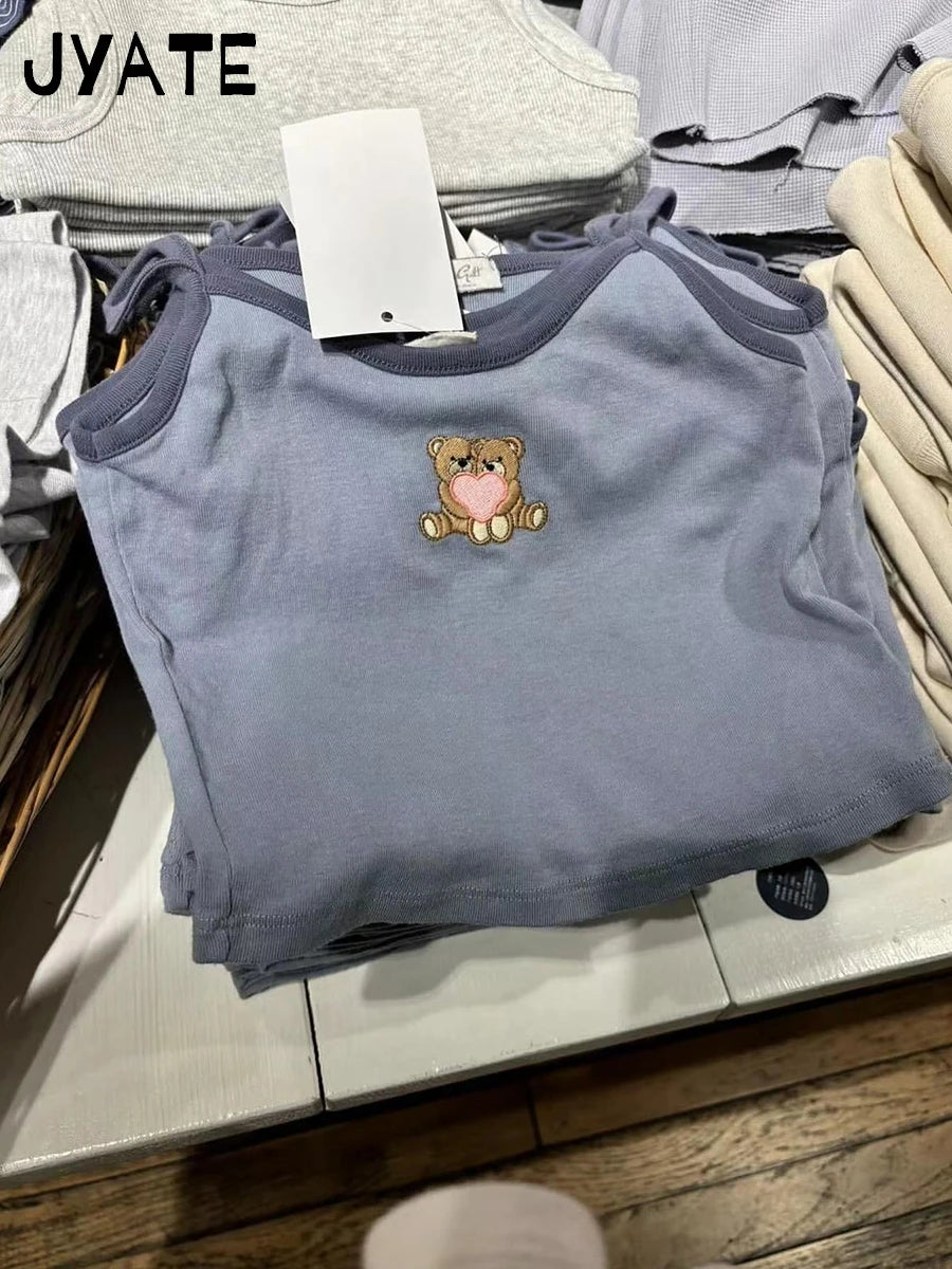 Little Bear Embroidery Blue Patchwork Camisole Women New Preppy Style Casual Slim Sleeveless Vests Vintage Sweet Cute Tank Tops
