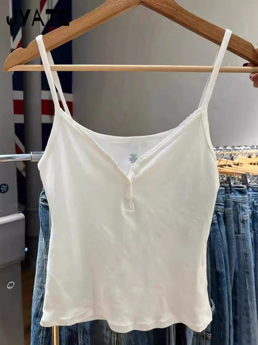 Simple Lace Trim V-neck White Camisole Women New Cotton Casual Slim Sexy Buttons Sleeveless Vests Sweet Cute Vintage Tank Tops