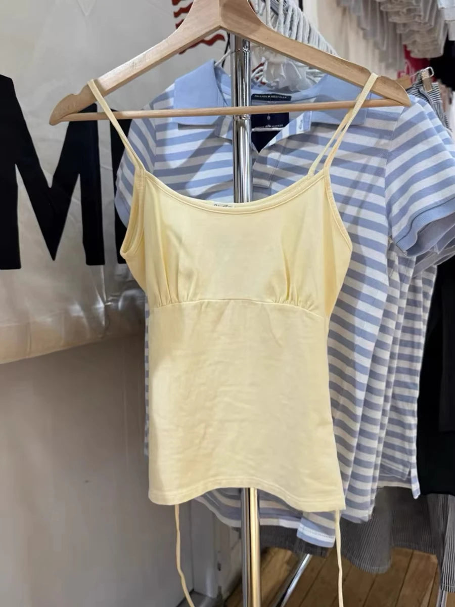 Yellow Back Lace-up Slim Tank Top Women Summer Casual Basic Cotton Sleeveless Vest Clean Girl Sweet Cute Camis Simple OOTD New