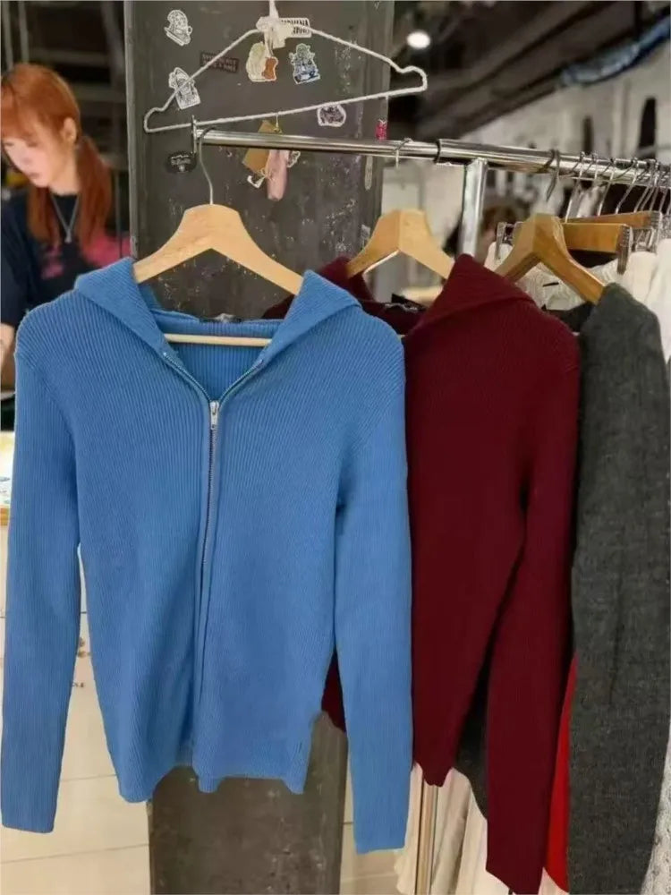 Sweet Blue Knitted Hoodies Tops Women Autumn New Casual Cotton Double Zipped Jumpers Coat Vintage Chic Basic Cardigan Sweaters