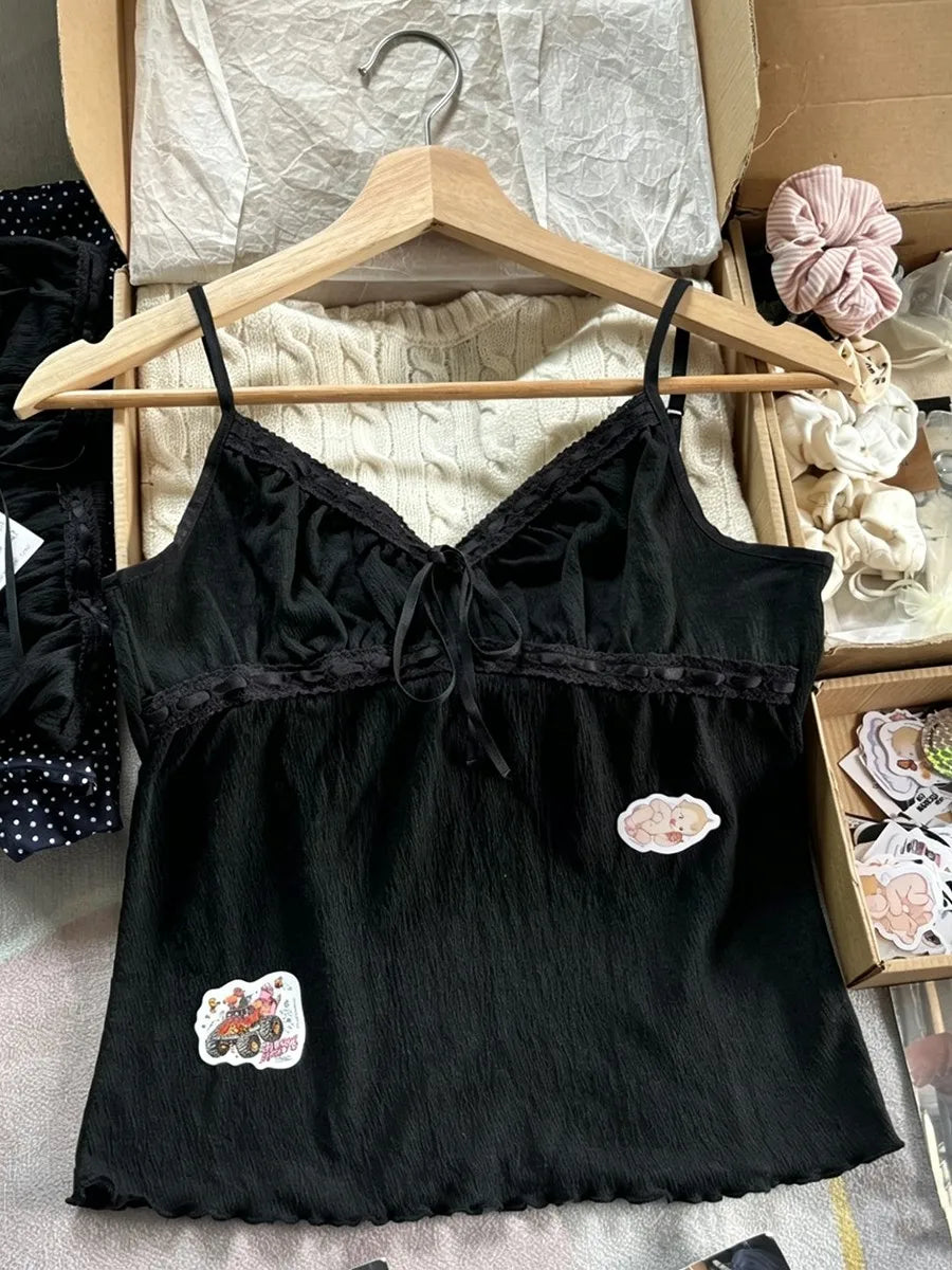 Solid Lace-up V-neck Tank Tops Women Summer Casual Lace Trim Cotton Slim Sleeveless Vests Cute Sweet Preppy Style Camisole Y2K