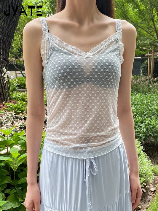 Harajuku Hearts Jacquard Sexy Sheer Crop Tops Women Casual Slim Thin Lace Trim Sleeveless Vests Vintage Chic Mesh Camisole Y2K