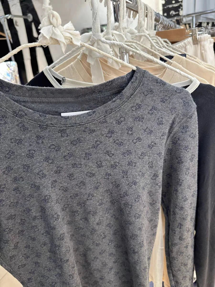 Vintage Little Bears Long Sleeve T-shirt Women Autumn O-Neck Cotton Slim Dark Gray Tee Shirt Female Streetwear Sweet Y2K TShirts