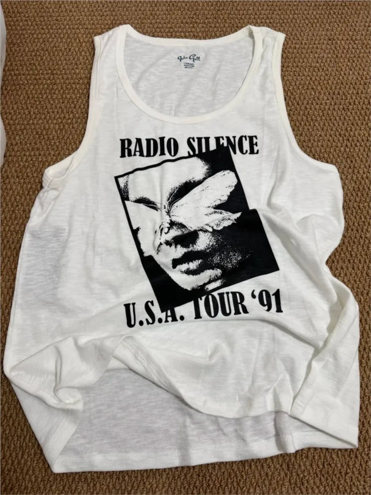 Letter Print Loose Long Tank Tops Women Summer Slub Cotton U Collar Sleeveless Vest American Vintage Preppy Style Camisole Y2K