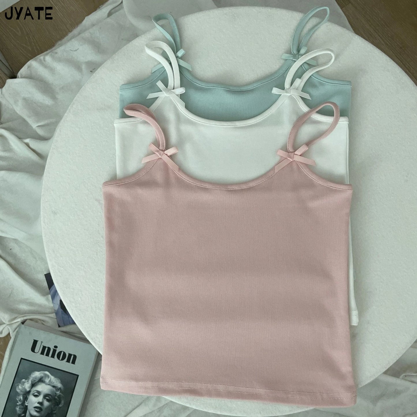Simple Solid Bow U-neck Tank Tops Women Summer New Cotton Soft Slim Preppy Style Cropped Vests Vintage Basic Sweet Camisole Y2K