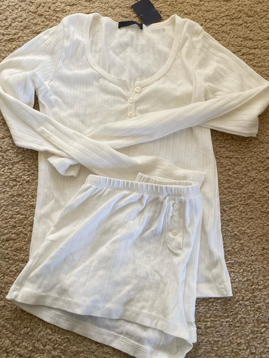 Sweet Eyelet Long Sleeve T-shirt Shorts Set Women Cotton Buttons Home Pajama 2 Piece Sets Slim Tees+Elastic Straight Sweatshort