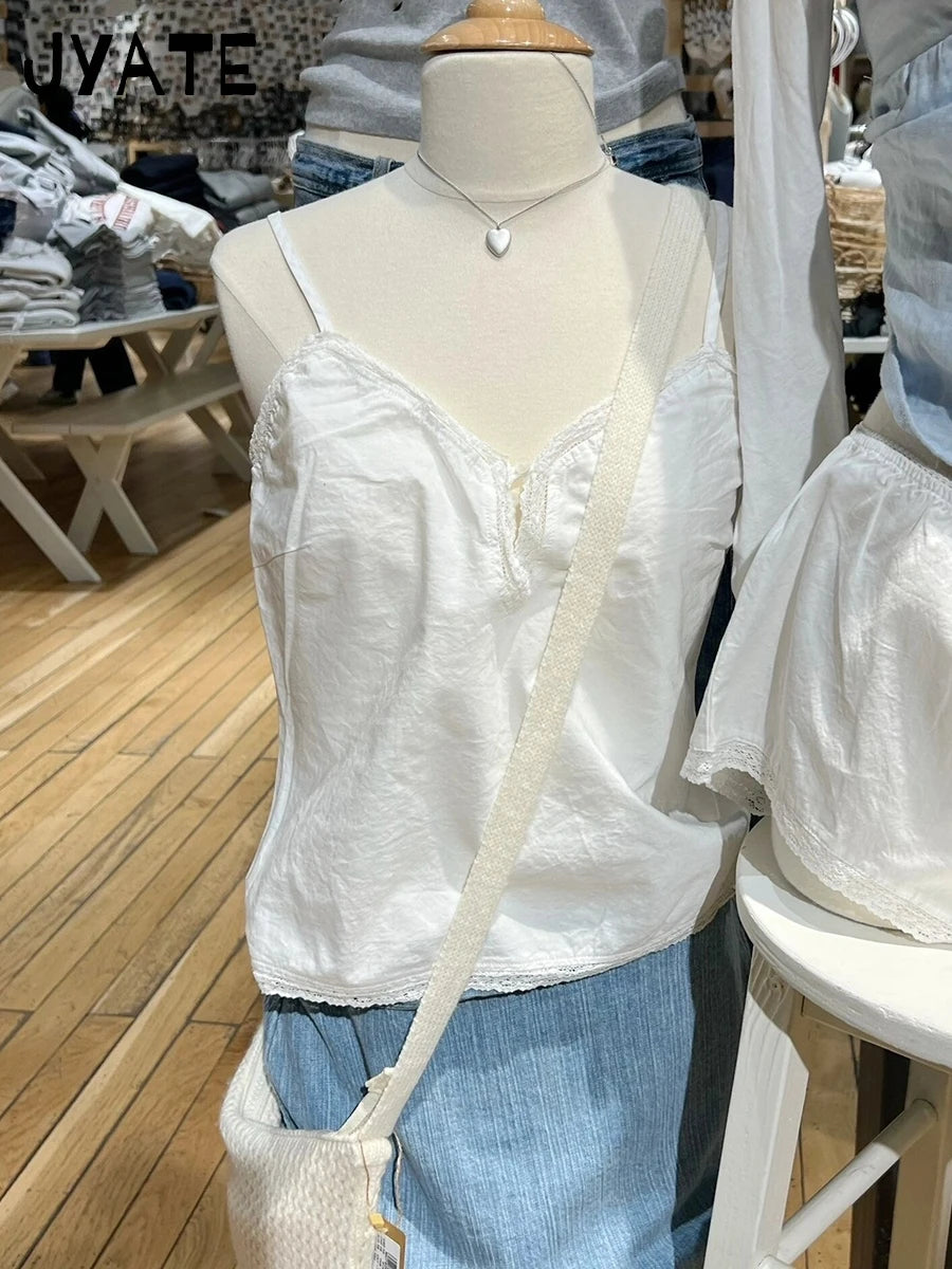 White Sheer Mesh Lace-up Camisole Women New Lace Trim Patchwork Bow Cute Cropped Vests Sweet Preppy Style Blouse Tank Tops Y2K