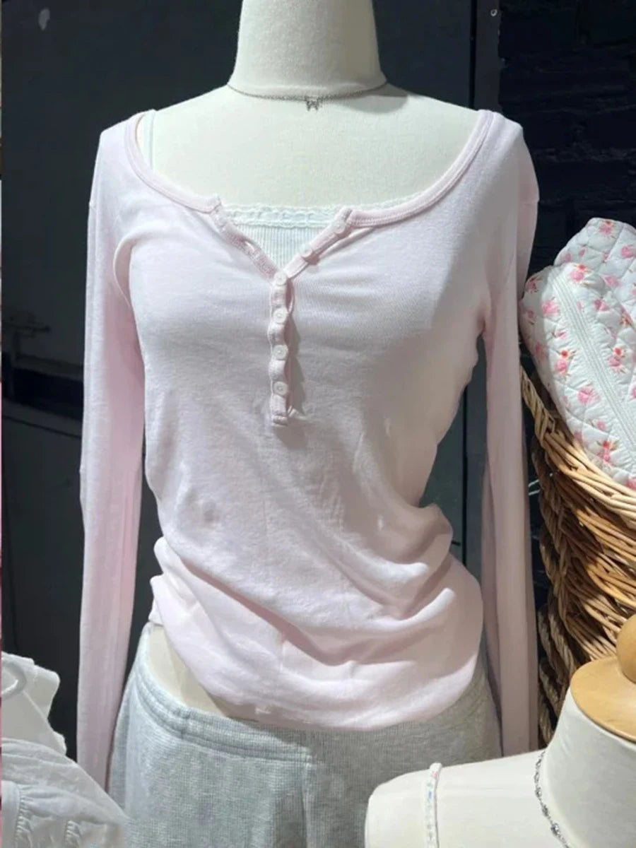 Pink Six Buttons Ribbed Long Sleeve T-shirts Women Spring Round Neck Cotton Slim Tee Top Female Cute Sweet Tshirt Y2k Tops New