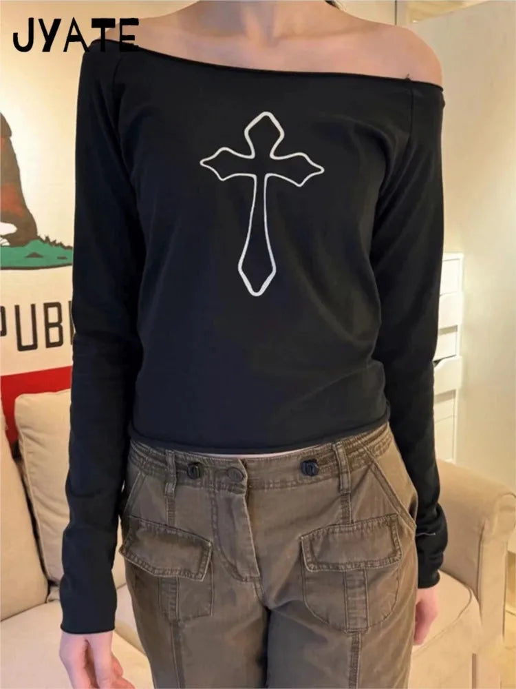 Cross Print Slash Neck Sexy T-shirts Women New Cotton Fashion Simple White Long Sleeve Tees Vintage Chic Sweet Tops Clothes Y2K