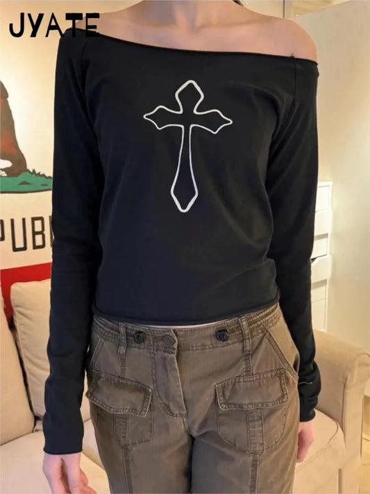 Cross Print Slash Neck Sexy T-shirts Women New Cotton Fashion Simple White Long Sleeve Tees Vintage Chic Sweet Tops Clothes Y2K