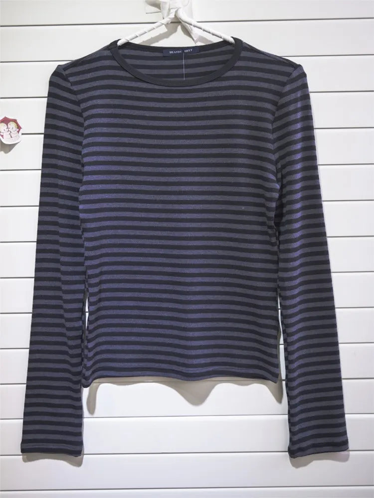 Striped Long Sleeve T-shirt Woman Spring New Y2K O-Neck Cotton Slim Tshirts Tops Female Vintage Cute Preppy Style Tee Shirts