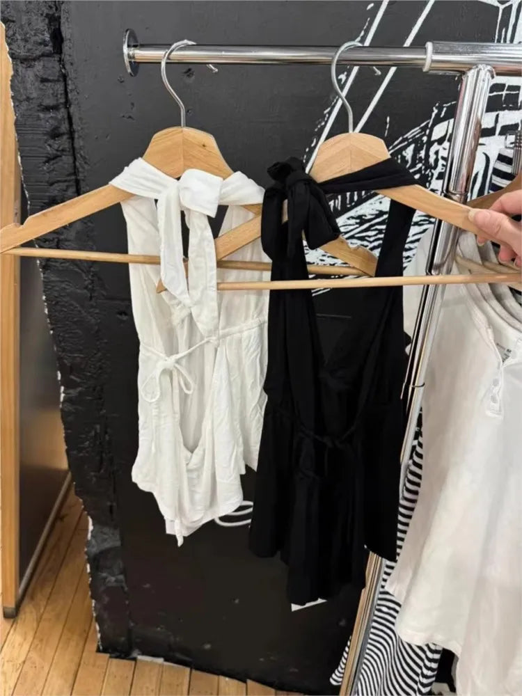 Black Sexy Lace-up Halter Slim Crop Top Woman Summer Cotton Deep V-neck Backless Sleeveless Vests Casual Simple Y2K Camisole New