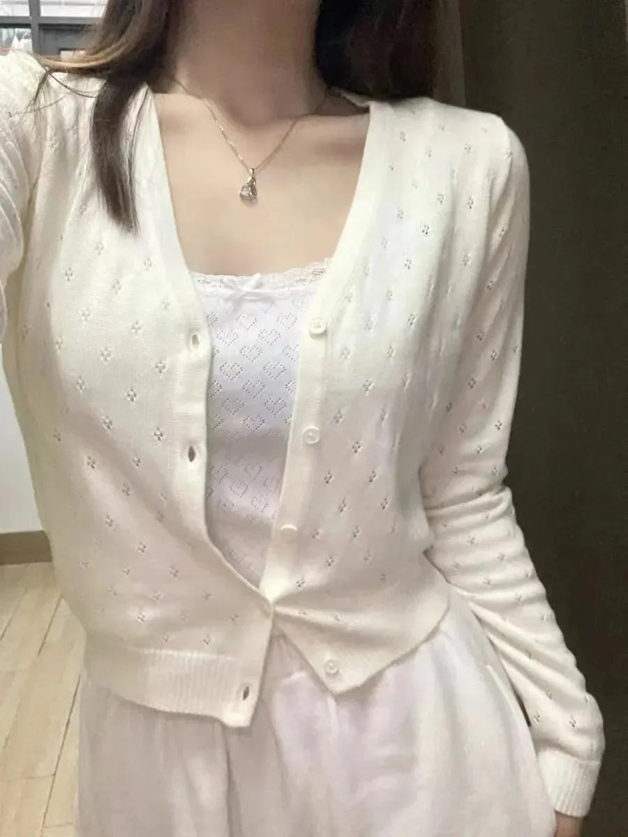 Beige Eyelet Slim Knitted Sweater Cardigan Women Autumn V-Neck Long Sleeve Sweaters Sweet Preppy Style Knitwear Coat Y2K Tops