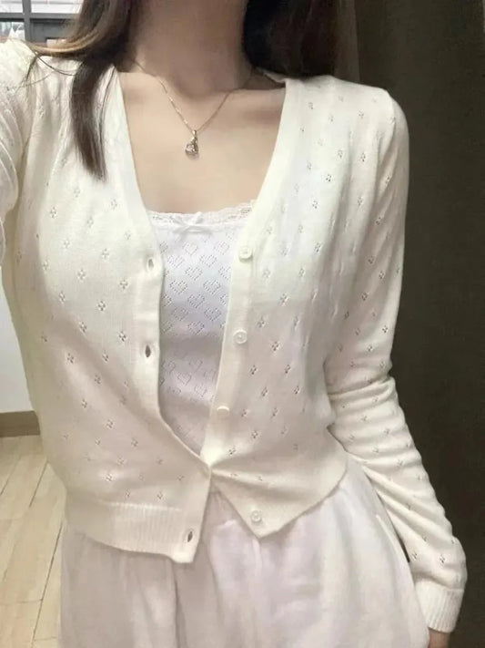 Beige Eyelet Slim Knitted Sweater Cardigan Women Autumn V-Neck Long Sleeve Sweaters Sweet Preppy Style Knitwear Coat Y2K Tops