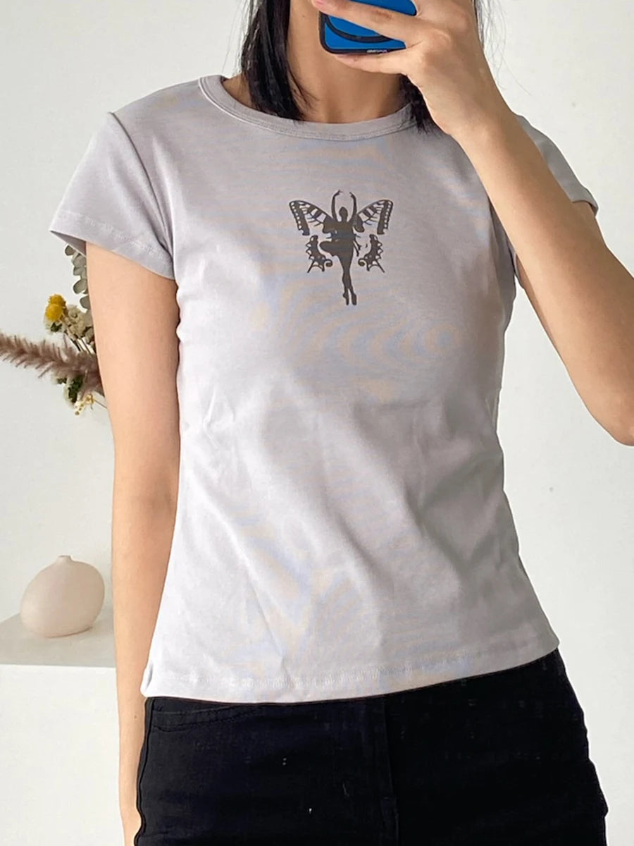 Butterfly Print Slim T-shirt Women Spring Round Neck Short Sleeve Cotton Tee Shirts Sweet American Chic Tshirts Tops Y2K