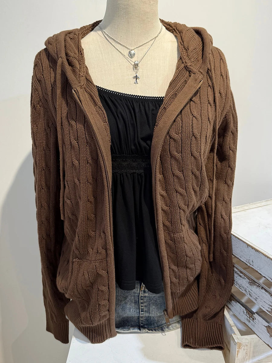 Brown Twisted Flower Hooded Zipper Coat Women Autumn Long Sleeve Pocket Knit Cardigan Sweater Sweet Preppy Style Knitwear