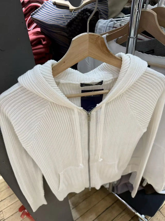 American-style new white double-zip hooded knitted cardigan for women, slim fit, ribbed sweater, casual jacket