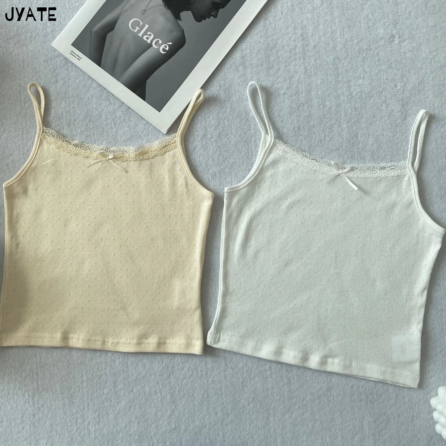 Hollow Out Lace Trim Camisole Women Summer New Cotton Soft Slim Bow Solid Sleeveless Vests Sweet Cute Preppy Style Tank Tops Y2K