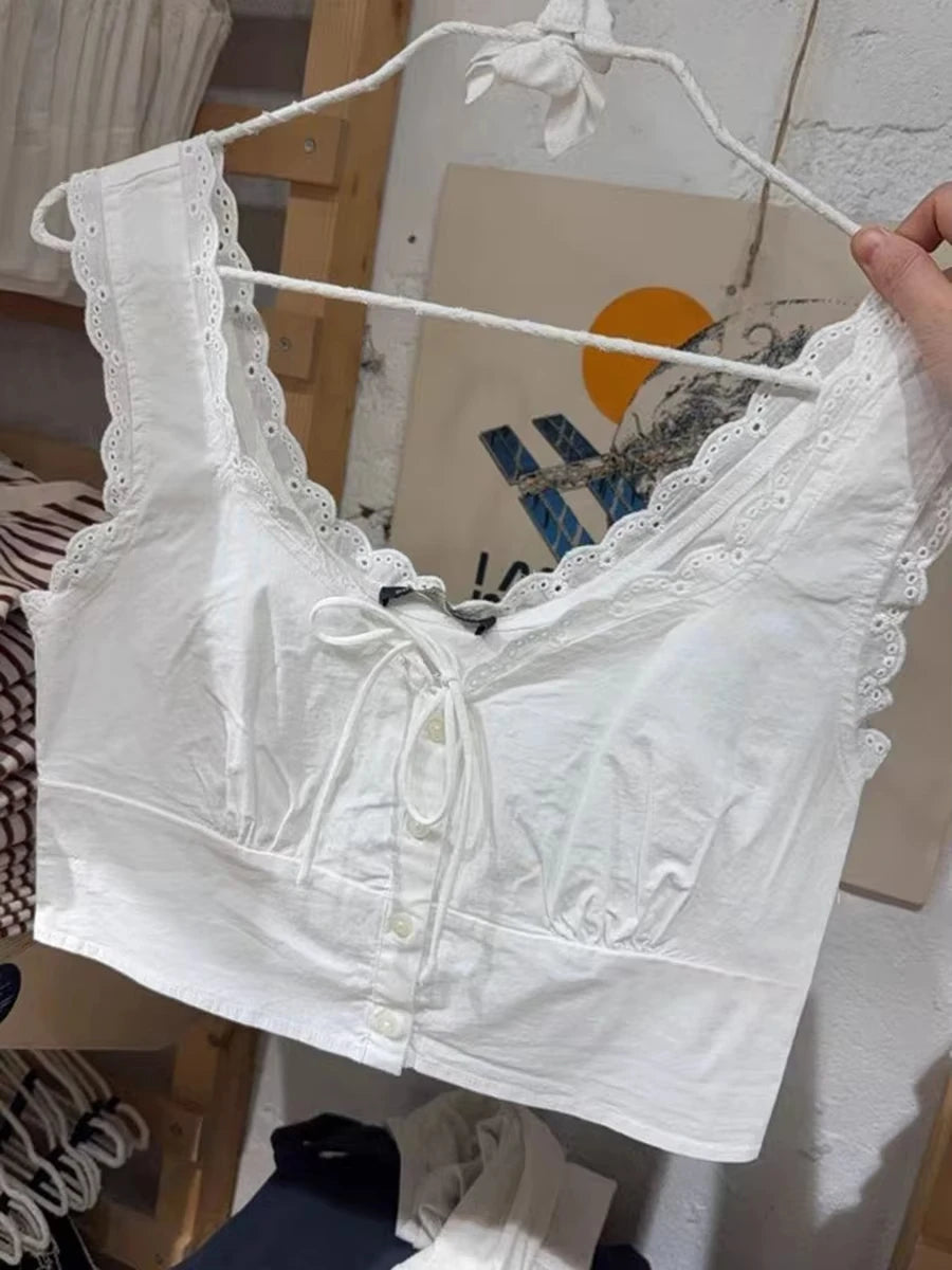 White Lace Trim Slim Tank Tops Women New Lace-up V-neck Single Breasted Sleeveless Crop Top Sweet Simple Basic Cropped Vest Y2K