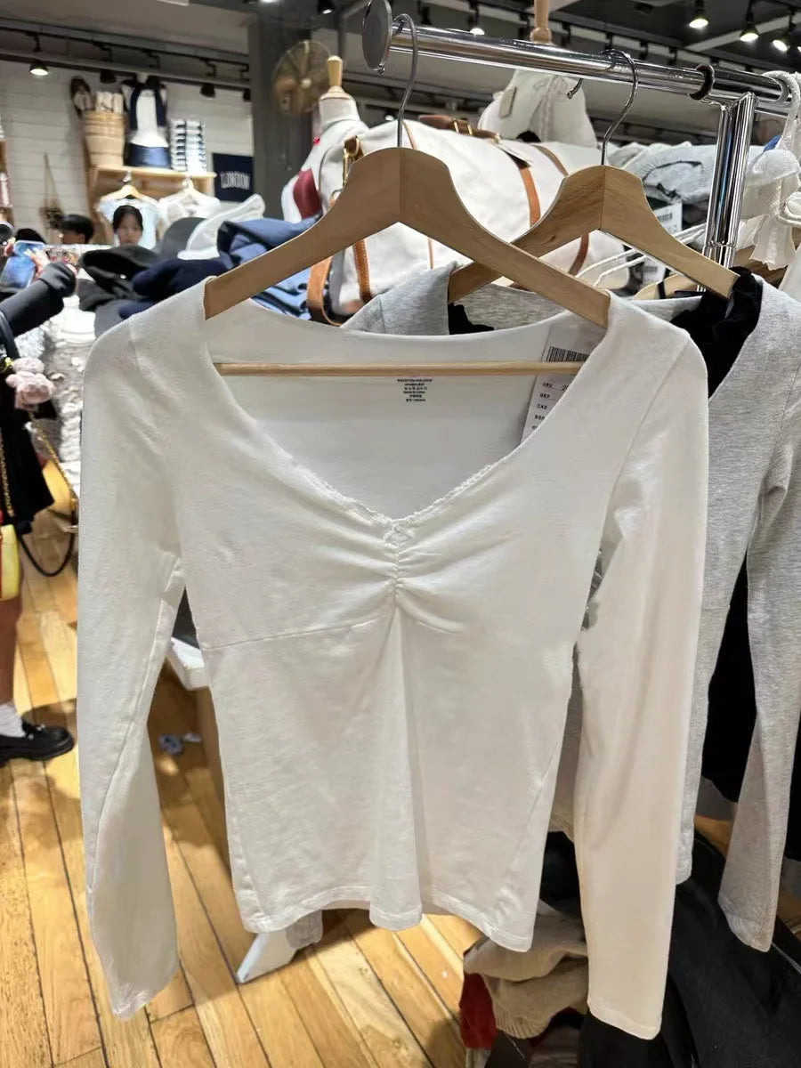 Gray Folds Bow V-neck Long Sleeve T-shirt Women Cotton Lace Trim Slim Tee Shirt Female Sweet Preppy Style Basic Tshirt Y2K Tops