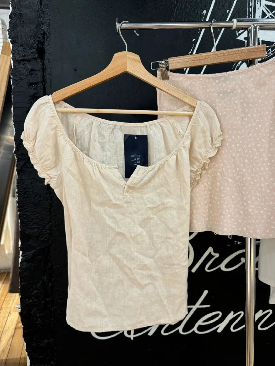 Yellow  Lace-up Ruffles Sleeve Tees Women Summer Simple Casual Flax Cotton U-neck Buttons Tops Sweet Cute Preppy Style T-shirts