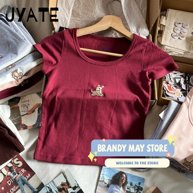 Little Deer Embroidery Crop Tops Women New Cotton Soft Casual Simple Cute Slim Short Sleeve Tees Preppy Style Sweet T-shirts Y2K