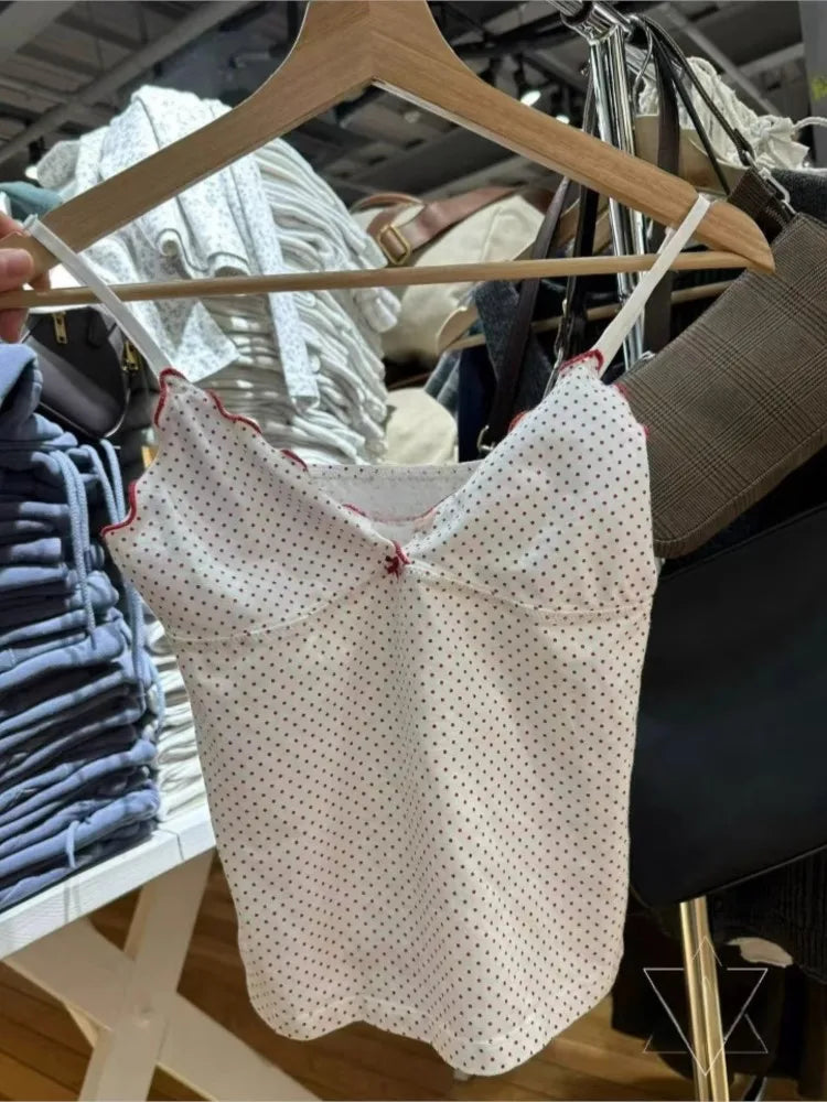 New Red Dot Fungus Trim Bow Tank Tops Women Casual Cotton Slim V-neck Sleeveless Camisole Sweet Cute Preppy Style Crop Top Y2K