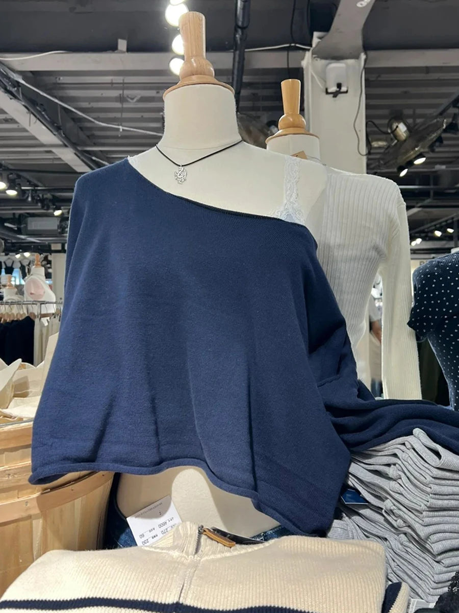 Navy V-Neck Vintage Knitted Sweater Women Autumn Winter Casual Cotton Long Sleeve Pullover Jumper Simple Slim Streetwear Top Y2K