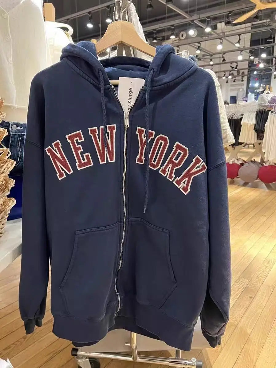 Simple Blue Cotton Oversized Hoodies Coat Women Autumn Casual Pocket Drawstring Zip-up Pullover Sweet Chic Vintage Sweatshirts