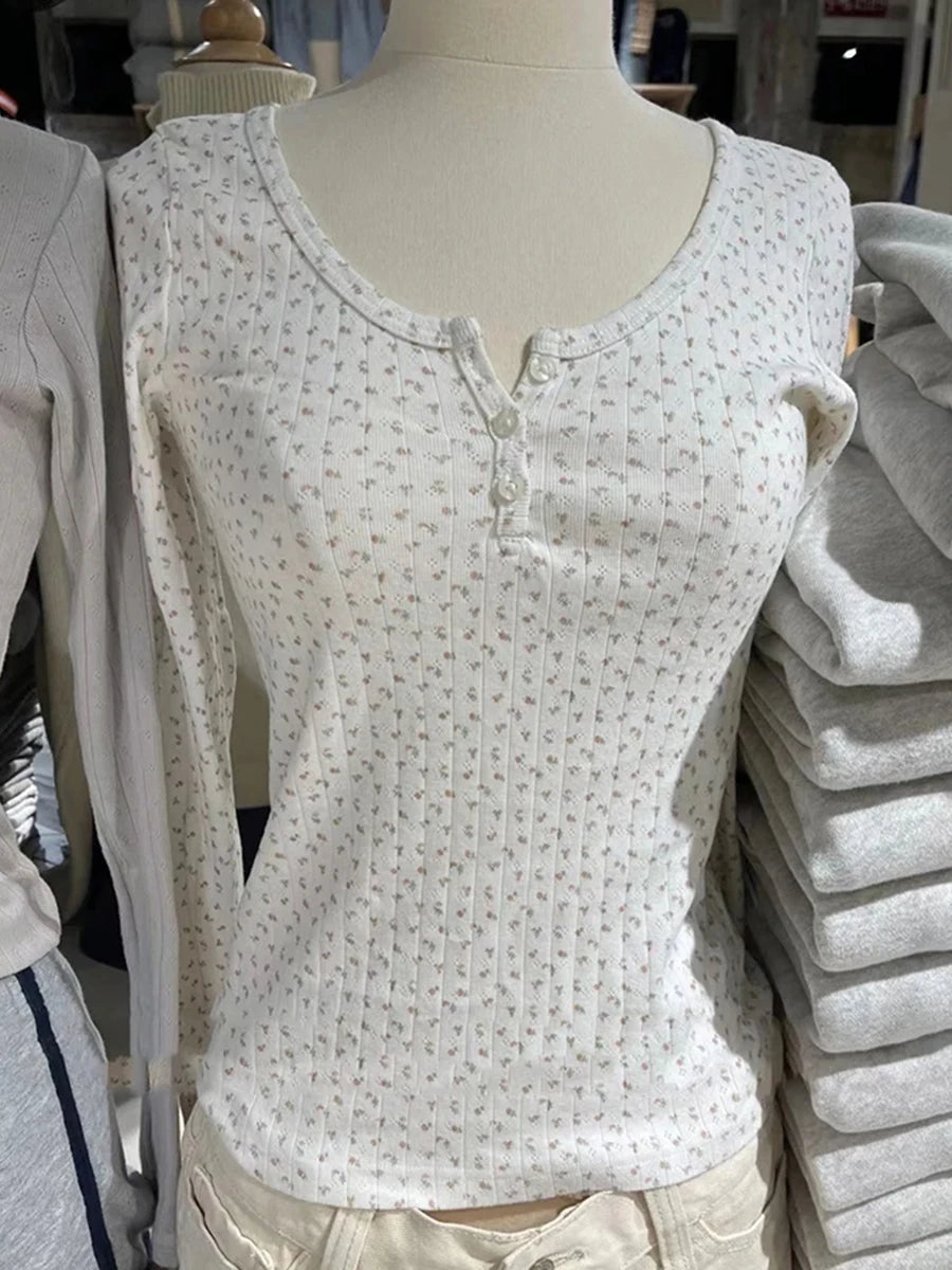 White Hollow Out Cute Cotton T-shirts Femme New Button  Slim Long Sleeve Tees Casual Autumn Y2k Chic Tops Clothes