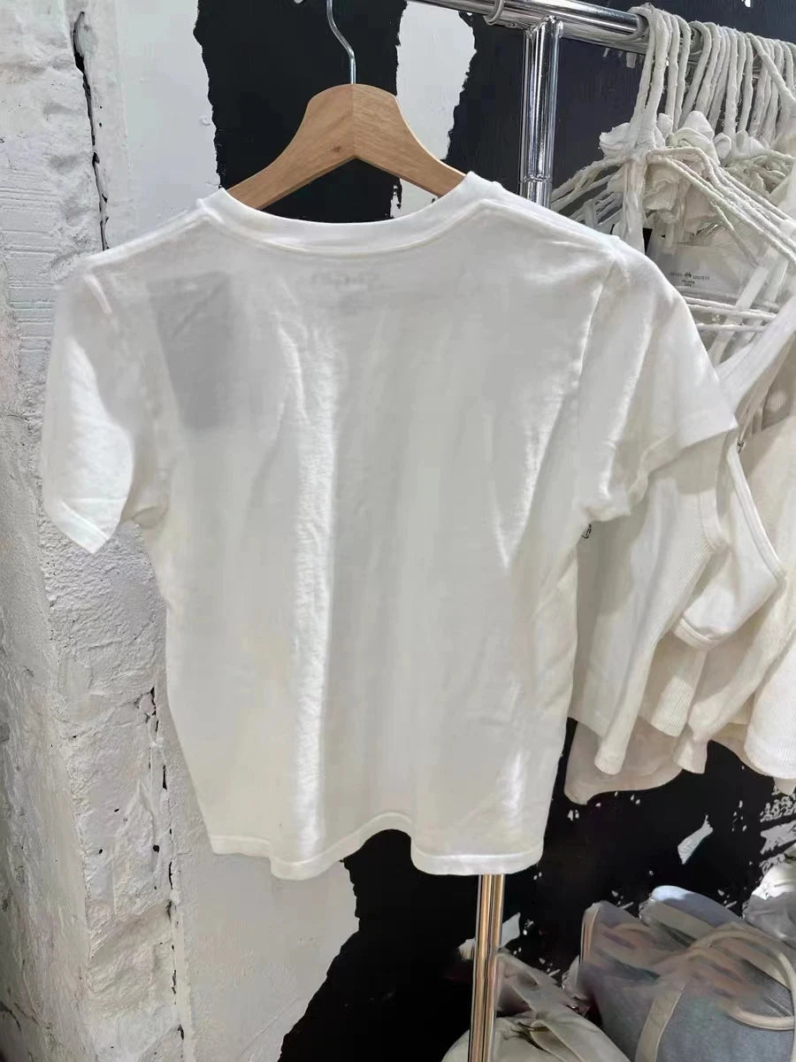 Letter Sailboat Print Solid Short Sleeve Tee Women Streetwear Cotton O-neck Loose Casual Crop Tops Fashion Vintage Y2K T-shirts