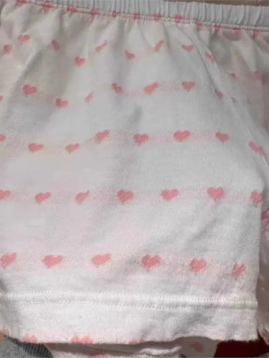 Pink Heart Print T-shirt Shorts Sets Women Cotton O-neck Slim Tees +Buttons Straight Sweatshort Sweet Cute Home 2 Pieces Outfits