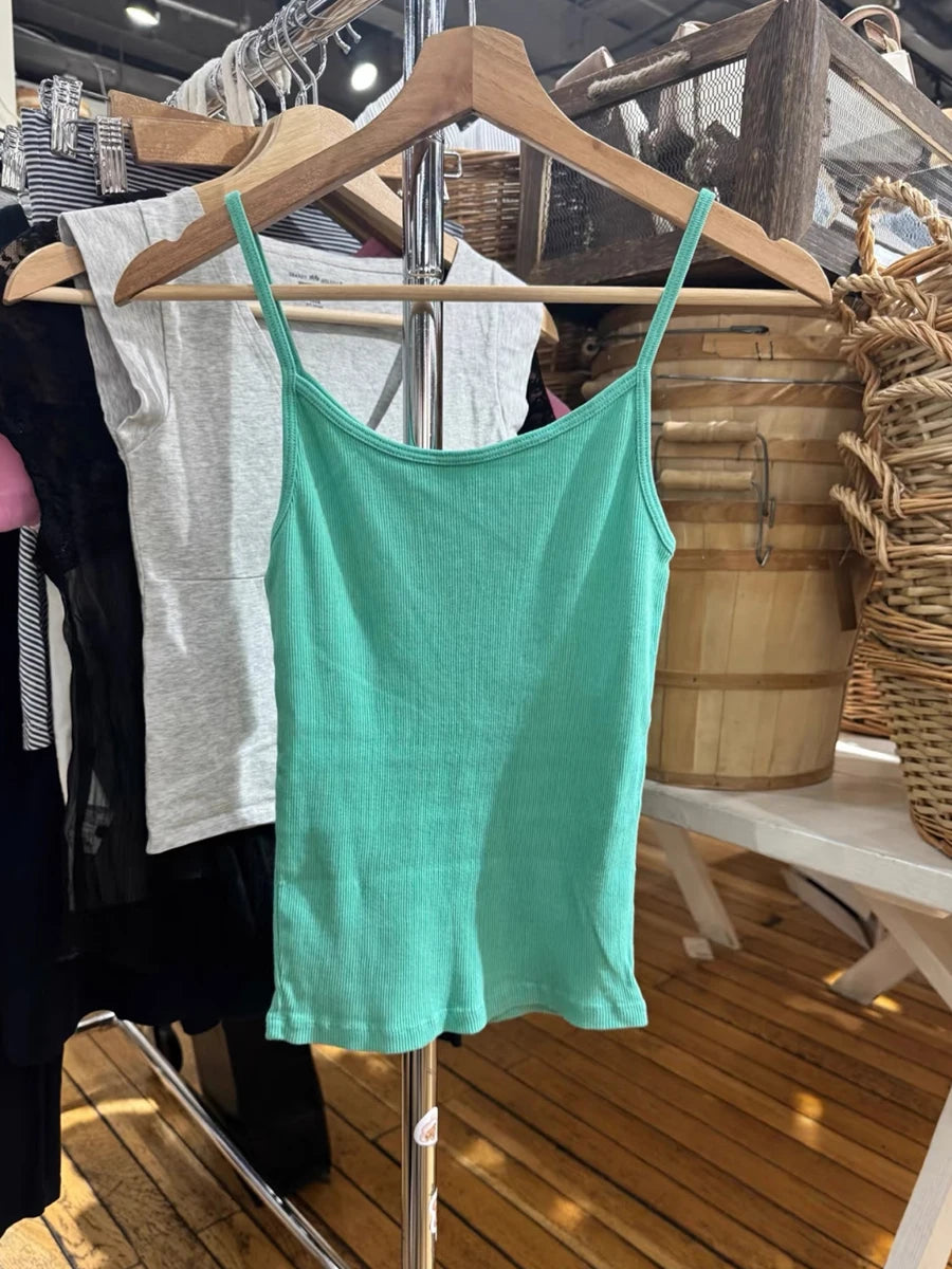 Mint blue Ribbed Slim Tank Tops Women Summer Cotton Casual Streetwear Sleeveless Vests Vintage Sweet Simple All-match Camisole