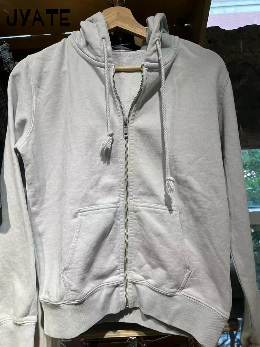 Simple Blue Cotton Oversized Hoodies Coat Women Autumn Casual Pocket Drawstring Zip-up Pullover Sweet Chic Vintage Sweatshirts