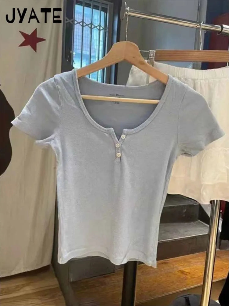 Sweet Pink Buttons Short Sleeve Tee Female New Cotton Soft Casual O-neck Simple Basic Tops Women Cute Chic Harajuku T-shirts Y2K