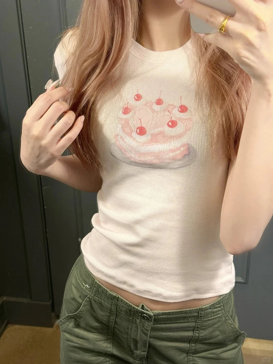Sweet Pink Cake Graphic Ribbed T-shirt Summer New Round Neck Slim Short Sleeve Tees Women Casual All-match Cotton Crop Top Y2k