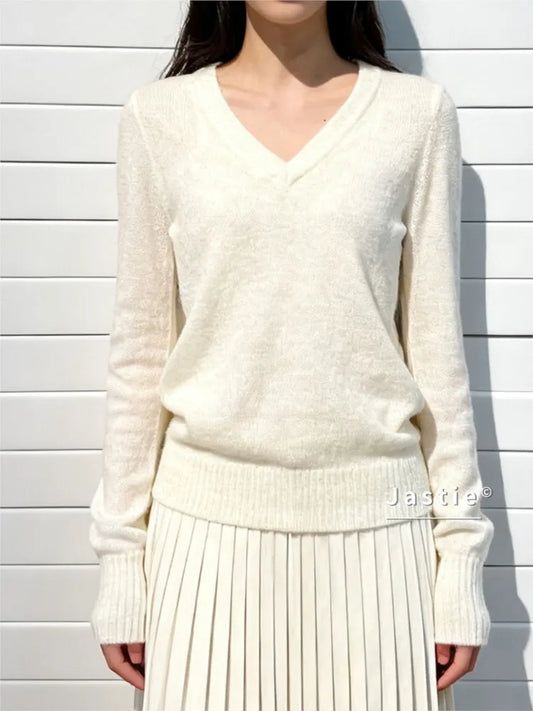 Beige V-neck Knitted Sweater Women Fall Winter Casual Chic Soft Long Sleeve Jumper Tops Female Sweet Simple Basic Sweaters New