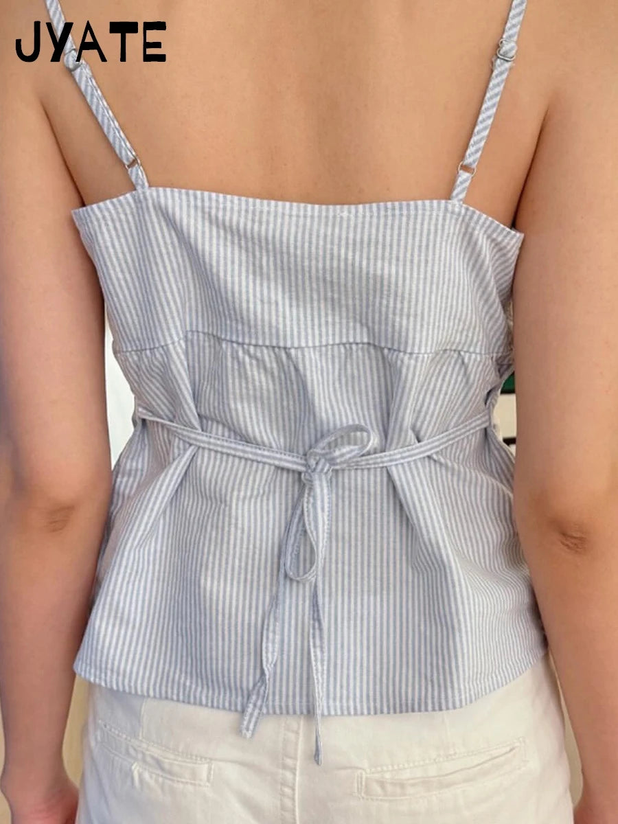 New Blue Striped Buttons Tank Tops Women Summer Casual V-neck Lace Trim Sleeveless Vests Sweet Vintage Preppy Style Camisole Y2K