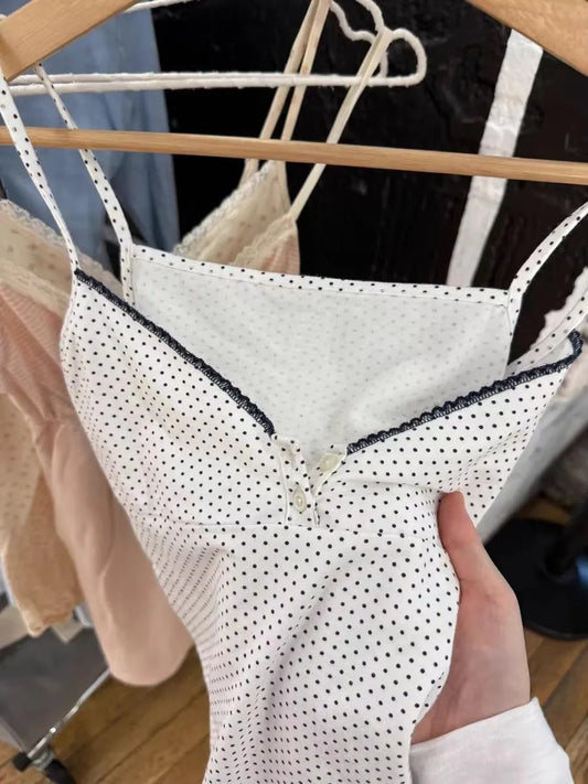 OOTDS Polka Dot White Slim Crop Top Women Navy Lace Trim Two Buttons Cotton Cropped Camisole Sweet Cute Preppy Style Tank Tops