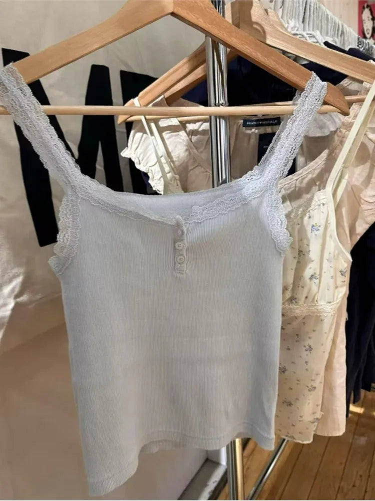 Blue Lace Trim Ribbed Buttons Camisole Women Summer New Casual cotton Slim Sleeveless Vest Sweet All-match Cropped Tank Tops Y2K