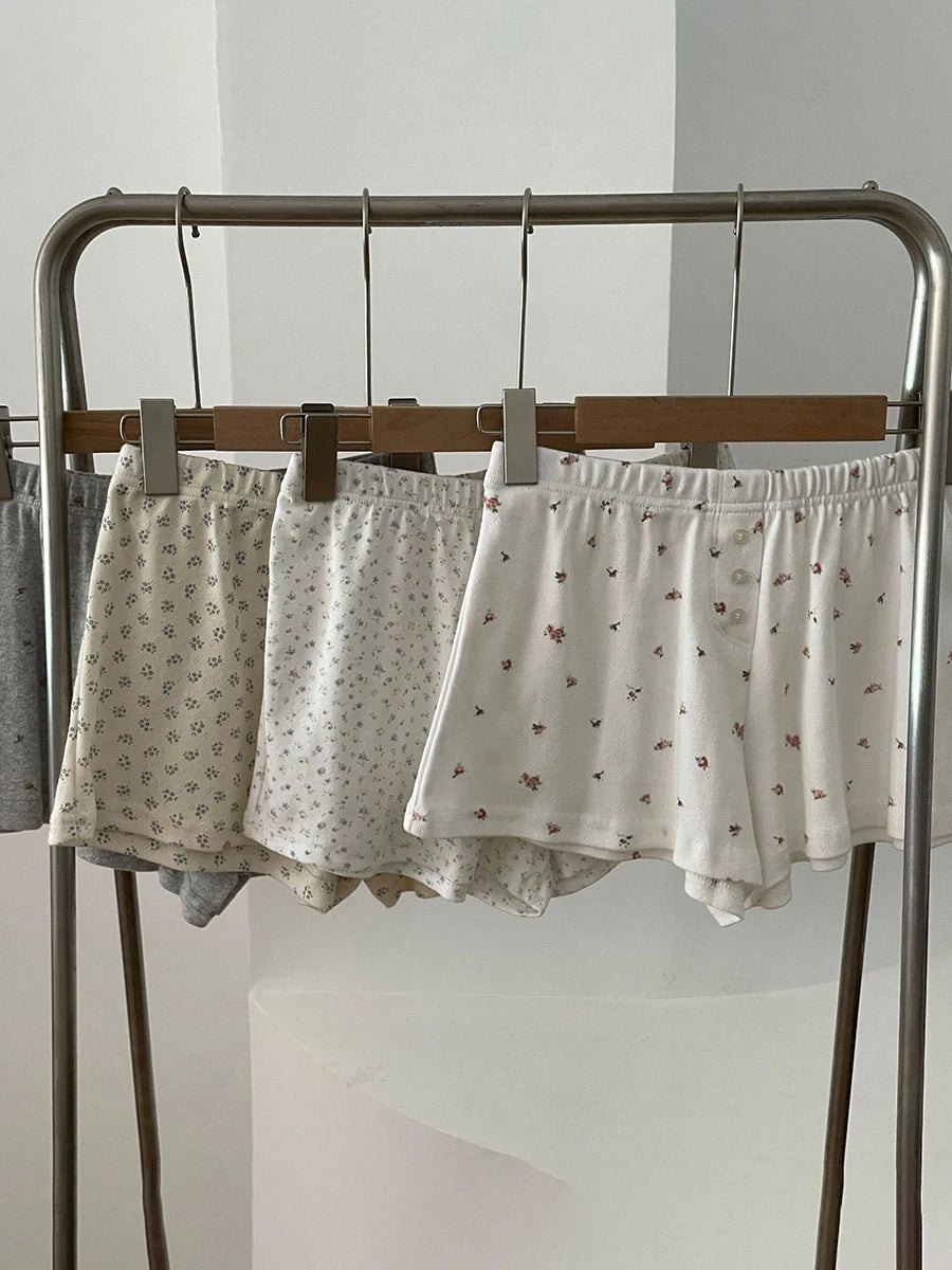 Sweet Eyelet Floral Print Short Pants Women Three Buttons High Waist Straight Home Cozy Underwear Casual Cute Cotton Shorts Y2K