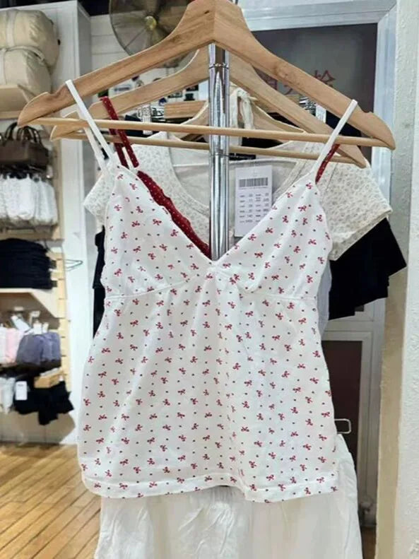 Red Bow Fungus Trim Bow Tank Tops Women New Cute Casual Cotton Slim V-neck Sleeveless Camis Girl Sweet Preppy Style Y2K Crop Top
