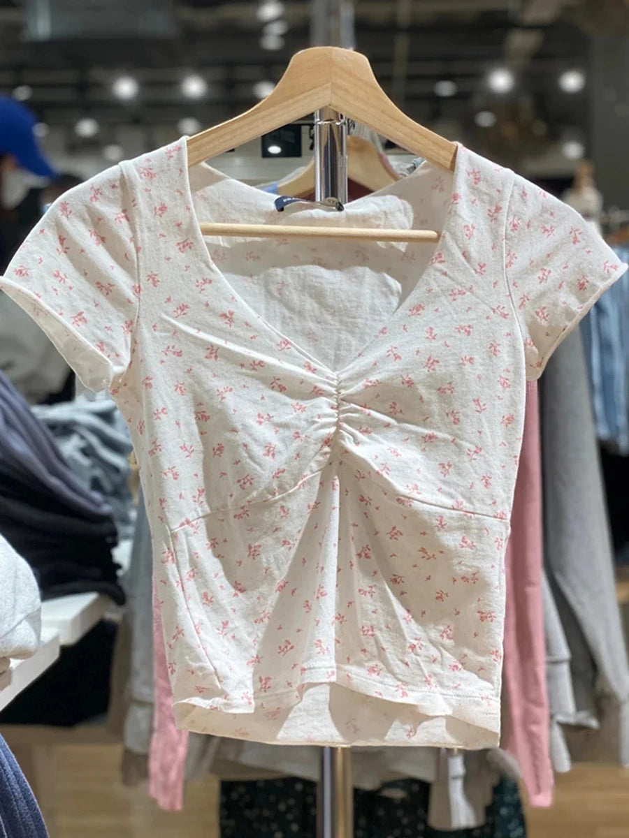 Floral Print Slim V-neck T-shirts Women Bow Sexy Folds Lace Trim Cotton Short Sleeve Tee Shirt Sweet Preppy Style Solid Crop Top