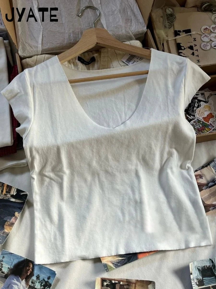 Simple Basic White V-neck T-shirts Women Summer Cotton Soft Casual Preppy Style Short Sleeve Tees Sweet Chic Y2K T Shirt Clothes