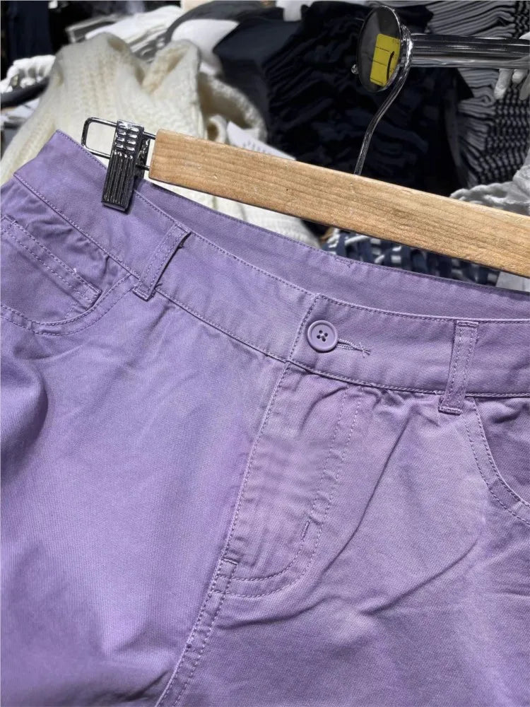 Purple Straight Jeans Women Casual Chic Streetwear Back Pockets Cotton Denim Long Pants Female Sweet Simple Trousers